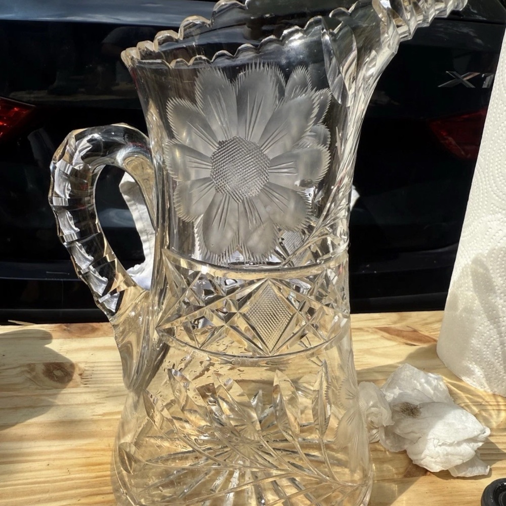 Antique Sparkling American Brilliant Cut Crystal Heavy Floral Serving Pitcher